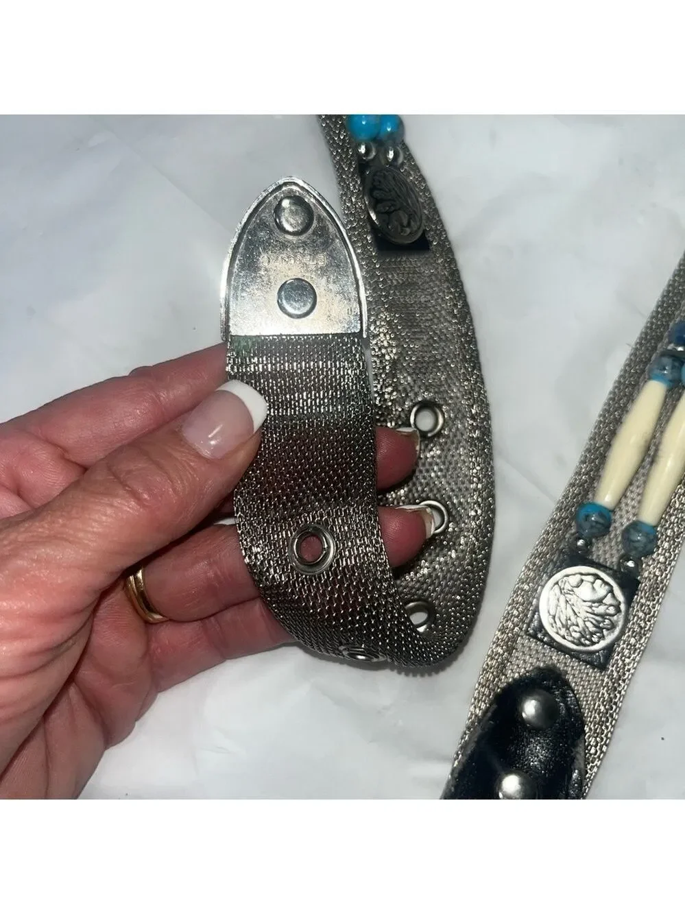 Vintage silver mesh belt embellished with beads motifs 80s native American style